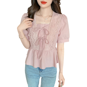 RM21141#新款泡泡袖甜美系带娃娃衫设计感蕾丝拼接短袖上衣