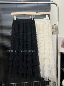 RM6574#新款纯色高腰A字网纱蛋糕裙设计感氛围感百搭小个子半身裙