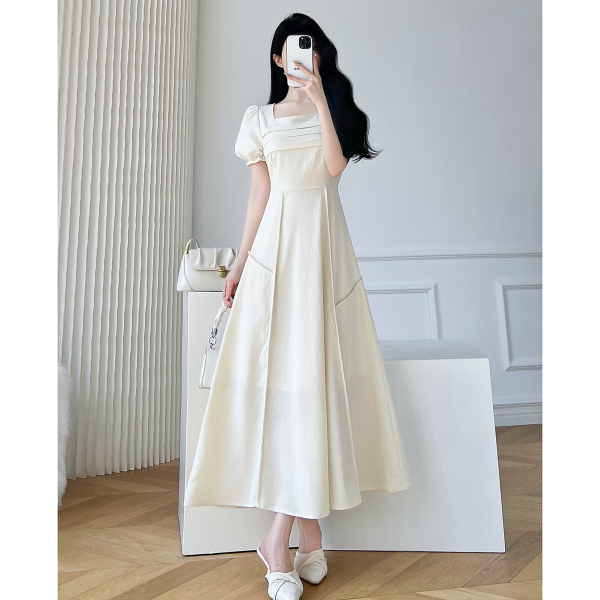 RM5998#茶歇法式复古方领短袖连衣裙女夏季新款收腰显瘦高级感气质长裙子