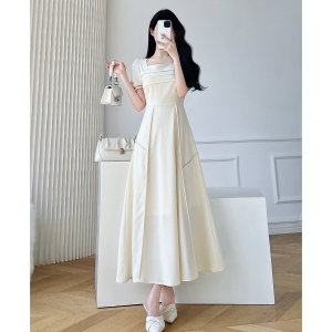 RM5998#茶歇法式复古方领短袖连衣裙女夏季新款收腰显瘦高级感气质长裙子