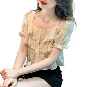 RM10188#夏季新款雪纺小衫短袖T恤法式 方领荷叶边裙纯色