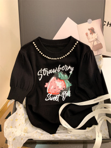 RM5797#新日系减龄草莓字母圆领针织衫
