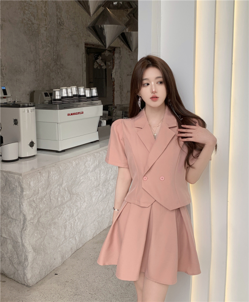 RM10061#时尚西装套装气质韩版不规则修身上衣+显瘦百褶裙