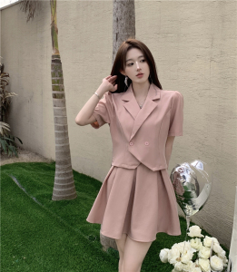 RM10061#时尚西装套装气质韩版不规则修身上衣+显瘦百褶裙