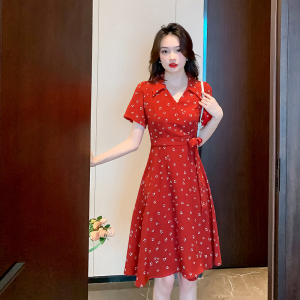 RM11446#新款茶歇法式浪漫复古红色碎花V领连衣裙女夏季小个子