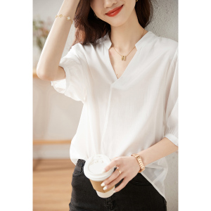 RM5894#V领简约休闲蝙蝠袖上衣女2023夏季新款舒适透气百搭衬衫