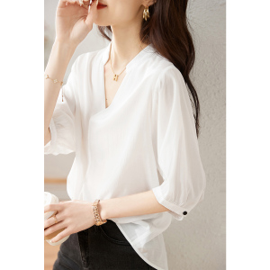 RM5894#V领简约休闲蝙蝠袖上衣女2023夏季新款舒适透气百搭衬衫