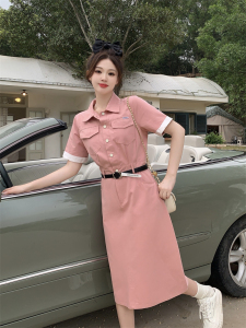 TR21435# 大码女装新款韩版显瘦工装胖mm藏肉中长款连衣裙配腰带