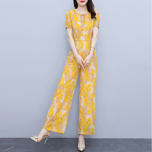 RM5705#黄色短袖连体衣2023年夏季新品气质修身显瘦长款高腰连体阔腿裤女