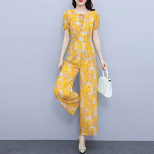 RM5705#黄色短袖连体衣2023年夏季新品气质修身显瘦长款高腰连体阔腿裤女