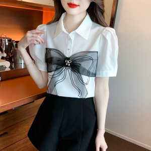 RM5628#夏季新款翻领蝴蝶结网纱拼接上衣女设计感小众百搭上衣