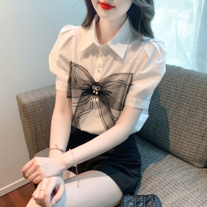 RM5628#夏季新款翻领蝴蝶结网纱拼接上衣女设计感小众百搭上衣