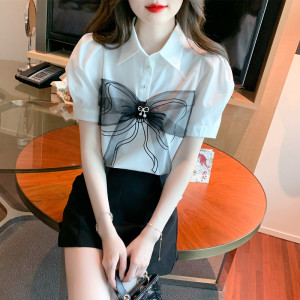 RM5628#夏季新款翻领蝴蝶结网纱拼接上衣女设计感小众百搭上衣