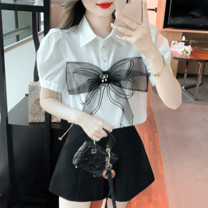 RM5628#夏季新款翻领蝴蝶结网纱拼接上衣女设计感小众百搭上衣