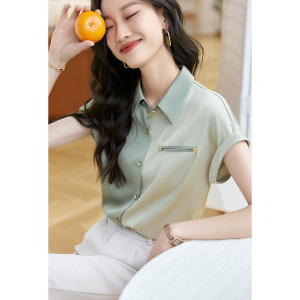 RM5895#沫晗依美缎面韩版休闲上衣23夏新款百搭撞色拼接质感连肩袖衬衫女
