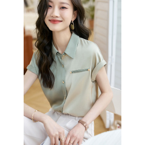 RM5895#沫晗依美缎面韩版休闲上衣23夏新款百搭撞色拼接质感连肩袖衬衫女