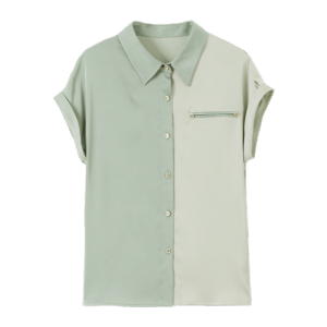 RM5895#沫晗依美缎面韩版休闲上衣23夏新款百搭撞色拼接质感连肩袖衬衫女