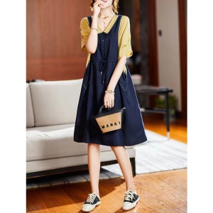 RM5671#大码2023年夏季新款女胖MM假两件减龄洋气显瘦连衣裙宽松型A字裙