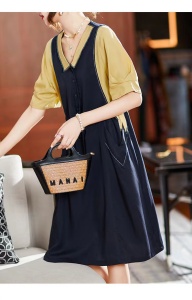 RM5671#大码2023年夏季新款女胖MM假两件减龄洋气显瘦连衣裙宽松型A字裙