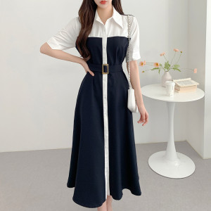 TR31726# 韩国chic法式拼接撞色收腰系带连衣裙