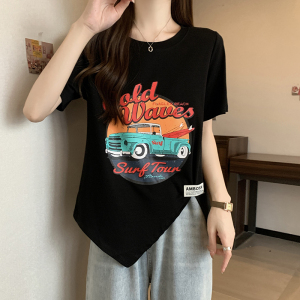 RM5503#夏新款胖mm时尚百搭卡通印花不对称下摆短袖T恤潮