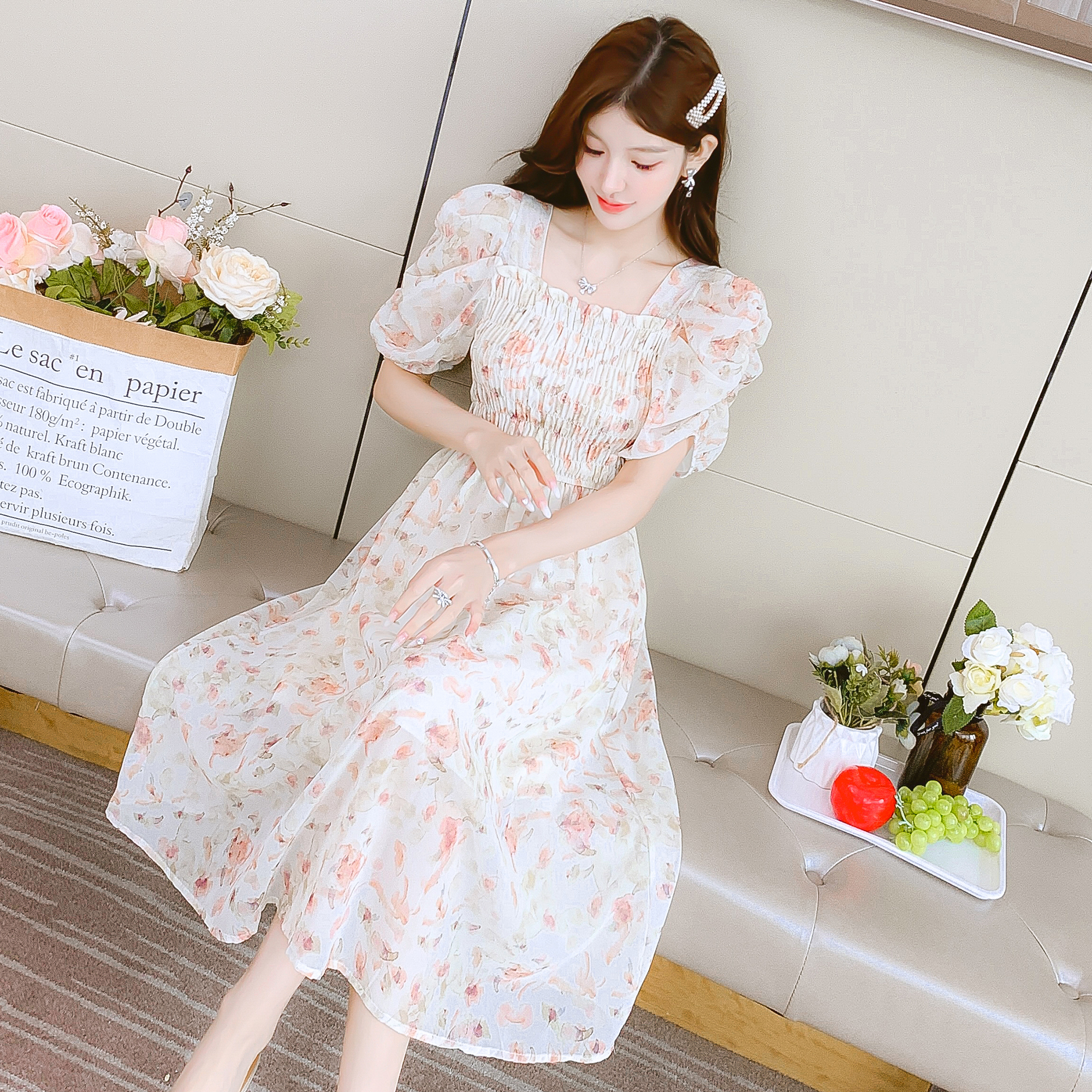 實拍2023新款碎花夏季短袖甜美淑女韓版雪紡植物花卉連衣裙