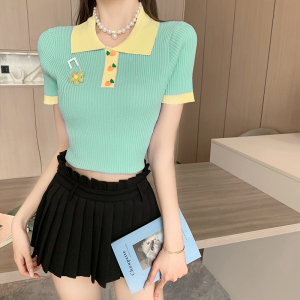 Purely Desired Polo Neck Knitted Short Sleeve T-shirt Women's Summer Short Fit Spicy Girl Top with Breast Pin~
