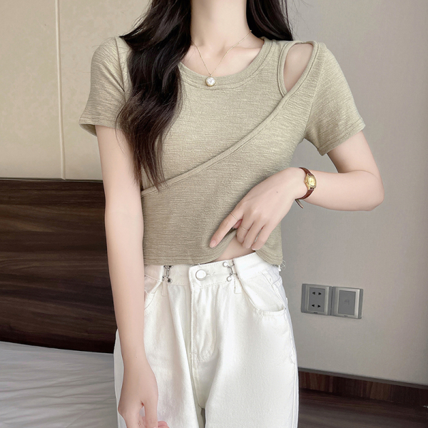 RM5716#夏季新款设计感小众镂空正肩显瘦短款T恤上衣女