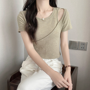 RM5716#夏季新款设计感小众镂空正肩显瘦短款T恤上衣女