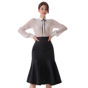 Standing Neck Bow Bubble Sleeve Shirt High Waist Fishtail Dress Two Piece Set