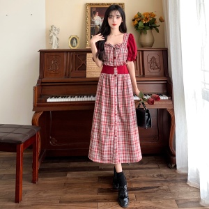 RM15004#夏季新款大码女装法式复古红色格子裙方领泡泡袖童话风连衣裙