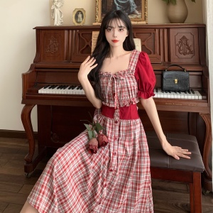 RM15004#夏季新款大码女装法式复古红色格子裙方领泡泡袖童话风连衣裙