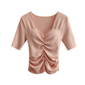 RM7172#夏季网红风抽褶显瘦设计~自带胸垫~纯色套头短袖上衣