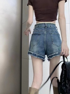 RM5784#辣妹毛边牛仔短裤女装夏季高腰热裤a字小个子设计感小众阔腿裤子