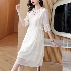 RM5640#高端白色连衣裙女2023夏季新款大码减龄显瘦气质中长款韩版