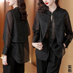 RM5641#新款中式轻国风假两件大码减龄显瘦复国防晒百搭衬衫女