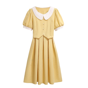 RM9007#夏季新款森系长袖娃娃领连衣裙女学院甜美百褶假两件长裙