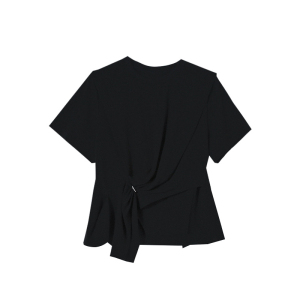 RM5642#黑色复古设计感圆领开叉T恤女2023春夏季新款宽松显瘦休闲上衣女
