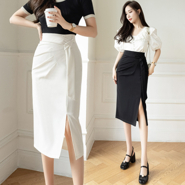 RM5647#高腰设计感多样系法垂感开叉褶皱显瘦包臀a字中长半身裙