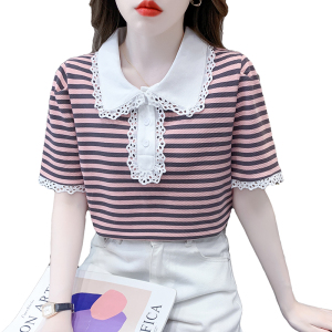 TR20256# 夏季新款韩版娃娃领甜美套头字母印花条纹T恤短袖上衣 服装批发女装服饰货源
