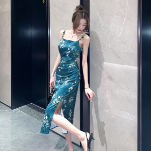RM23892#高冷御姐风吊带连衣裙2023夏季新款印花法式高级感包臀长裙