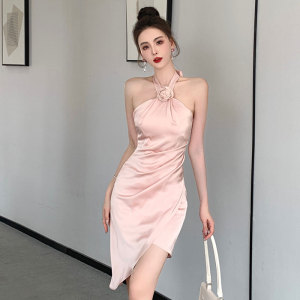 Pink Rose Dress Off Shoulder Slim Satin Hanging Neck Skirt Exquisite Sexy Slim Fit Skirt