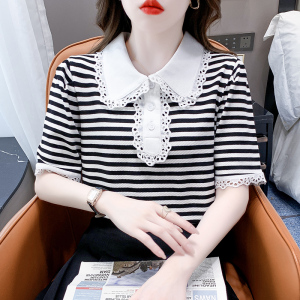 TR20256# 夏季新款韩版娃娃领甜美套头字母印花条纹T恤短袖上衣 服装批发女装服饰货源