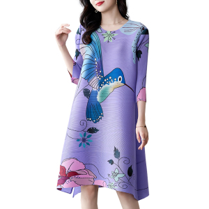 RM5736#新款三宅褶皱印花连衣裙气质宽松显瘦圆领大码妈妈A字裙