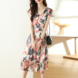 RM5624#时髦洋气印花V领连衣裙2023夏季新款设计感收身显瘦中长裙子