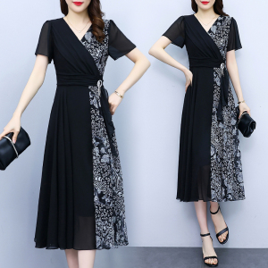RM6740#新款大码气质名媛风系带夏季拼接显瘦连衣裙长裙