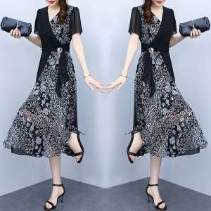 RM6740#新款大码气质名媛风系带夏季拼接显瘦连衣裙长裙