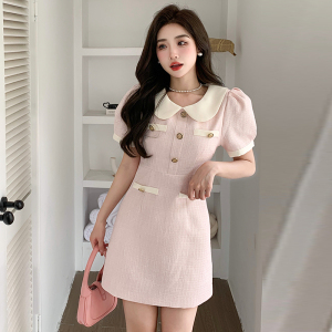 RM6457#小香风连衣裙夏季粉色娃娃领高级感轻奢小众设计小个子泡泡袖短裙