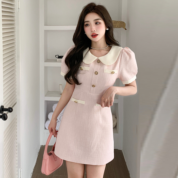 RM6457#小香风连衣裙夏季粉色娃娃领高级感轻奢小众设计小个子泡泡袖短裙