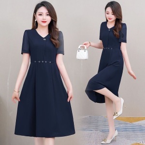 RM5758#时尚纯色V领妈妈装连衣裙女2023年夏季新款韩版显瘦减龄裙子